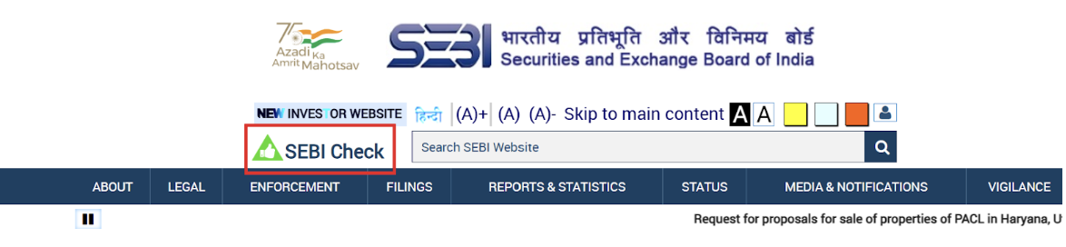 SEBI website homepage showing SEBI Check button highlighted